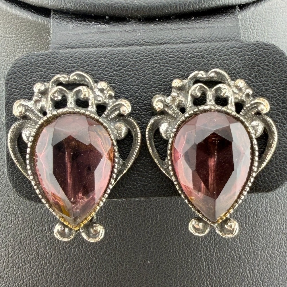 FlorenzaPurple Victorian Ornate Teardrop Glass Clip On Earrings